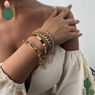 Cactu เครื่องประดับ กําไลข้อมือ สีทอง สายรัดข้อมือ หลายชั้น ผู้หญิง พังก์ แฟชั่น เสน่ห์ หนา ย้อนยุค คิวบา โซ่ / หลากสี