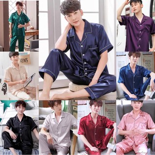 เช็ครีวิวสินค้าชุดนอนแฟชั่นเกาหลี，ชุดนอนผ้าซาตินของผู้ชาย สีล้วนเเละพิมลาย  รุ่น2813