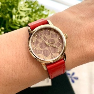 (ผ่อน0%) นาฬิกา 🌷Coach 🌷Small Ladies Gold Tone Red Leather Watch 🌷สายหนังสีแดง หน้าปัด C น้ำตาลอ่อน 🌷ขนาด 28 mm