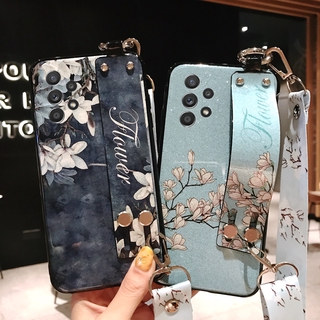 Samsung Galaxy A32 A72 A52 4G 5G เคส Case Glitter Flower Pattern Wristband Lanyard Backpack Phone Case TPU Soft Back Cover เคสโทรศัพท