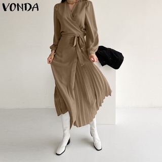 สินค้า Vonda ชุดเดรสยาวลําลอง คอวี แขนยาว สีพื้น มีเข็มขัด จับจีบ สไตล์เกาหลี สําหรับผู้หญิง