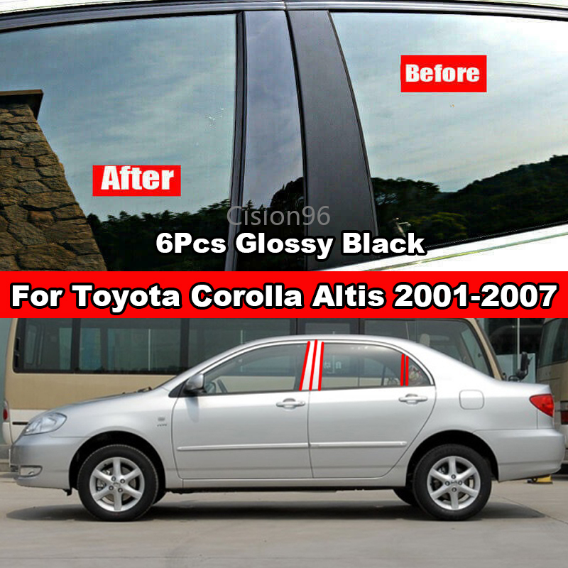 สติกเกอร์ติดเสาประตู-หน้าต่างรถยนต์-สีดํามันวาว-สําหรับ-toyota-corolla-altis-2001-2007-6-ชิ้น