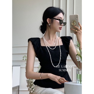 เสื้อยืดแขนกุด คอสี่เหลี่ยม ทรงสลิมฟิต แฟชั่นฤดูร้อน สไตล์ฝรั่งเศส 2022