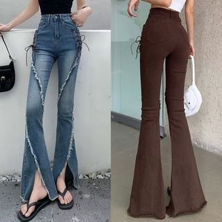 DaDulove💕 The New Ins Korean Version of the Drawstring Jeans High Waist Slit Flared Pants Fashion Womens Clothing