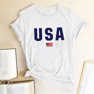 【100% cotton】Usa เสื้อยืดลําลอง แขนสั้น พิมพ์ลายธงชาติ ฤดูร้อน สําหรับผู้หญิง 2022