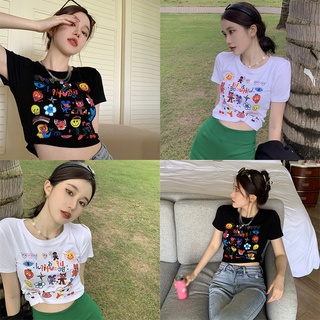 เสื้อครอป คอกลม แขนสั้น พิมพ์ลายดอกไม้ สไตล์เกาหลี สําหรับผู้หญิง