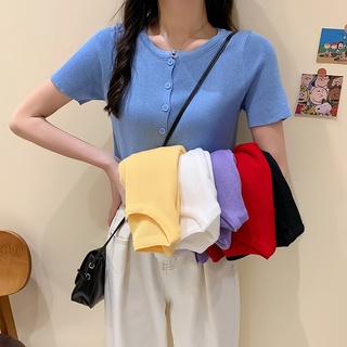 เสื้อครอปท็อป เสื้อคาร์ดิแกน แขนสั้น ผ้าถัก สีพื้น แบบเรียบง่าย