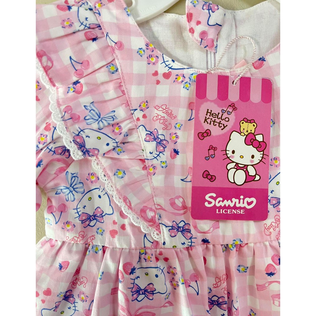 ชุดเด็ก-เดรส-sanrio-คิตตี้สีชมพูสก็อตลายสตอเบอร์รี่-หมวก