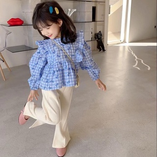 【ชุดเด็กผู้หญิง】เสื้อเชิ้ตแขนยาว ลายสก๊อต ขนาดเล็ก แฟชั่นฤดูใบไม้ผลิ และฤดูใบไม้ร่วง สไตล์เกาหลี สําหรับเด็กผู้หญิง 2023