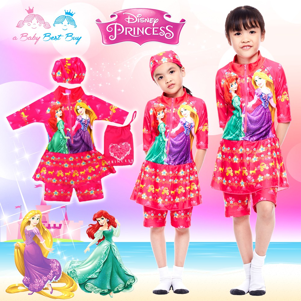 ชุดว่ายน้ำเด็กผู้หญิง-disney-princess-สีแดง-บอดี้สูทเสื้อแขนสั้นกระโปรงกาง-พร้อมหมวกว่ายน้ำและถุงผ้า-ลิขสิทธิ์แท้