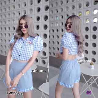 TW15582  Set 2 ชิ้น เสื้อคอปกแขนตุ๊กตาลายสก็อต อกปักหน้าน้องแมว + กางเกงขาสั้น ผ้าทอ แต่งปลายขากางเกงลายสก็อต เอวยืดหลัง