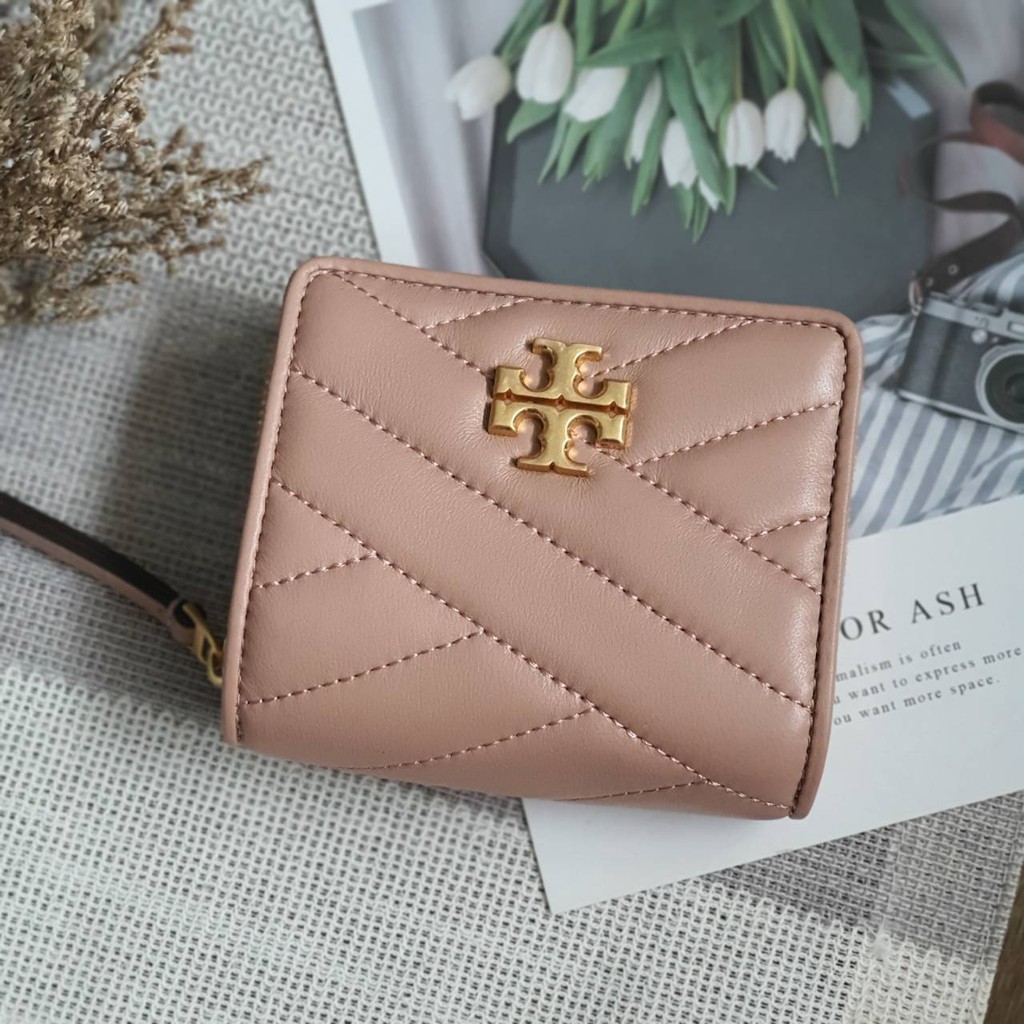 Tory Burch Kira Chevron Bi-fold Wallet In Pink Moon/rolled Brass | ModeSens