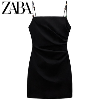 ZARA ชุดเดรสกระโปรง เอวสูง ผ้าลินิน แต่งจับจีบ สีดํา แฟชั่นฤดูร้อน สําหรับสตรี4437245