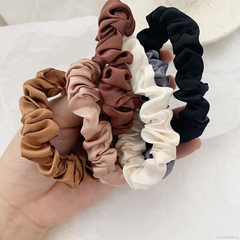 ยางรัดผม-ผ้าซาติน-แบบยืดหยุ่น-สีพื้น-สำหรับผู้หญิง-6-ชิ้น