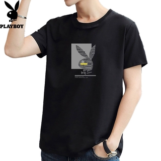 [S-5XL] Playboy เสื้อยืดคอกลม แขนสั้น ผ้าฝ้ายแท้ ทรงหลวม สไตล์บอททอม แฟชั่นฤดูร้อน สําหรับผู้ชาย