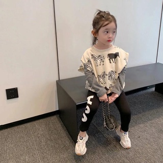 🎊👧ชุดเด็กผู้หญิง 2021 ใหม่บุคลิกภาพปลอมเสื้อสองชิ้นสาวเลกกิ้งสไตล์ต่างประเทศแนวโน้มสองชิ้น