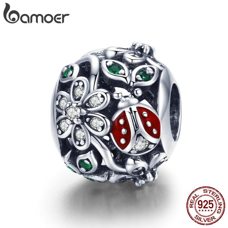 BAMOER Red Ladybug Charms Bead fit Bracelets Bangles DIY 925 Sterling Silver Cubic Zircon SCC926