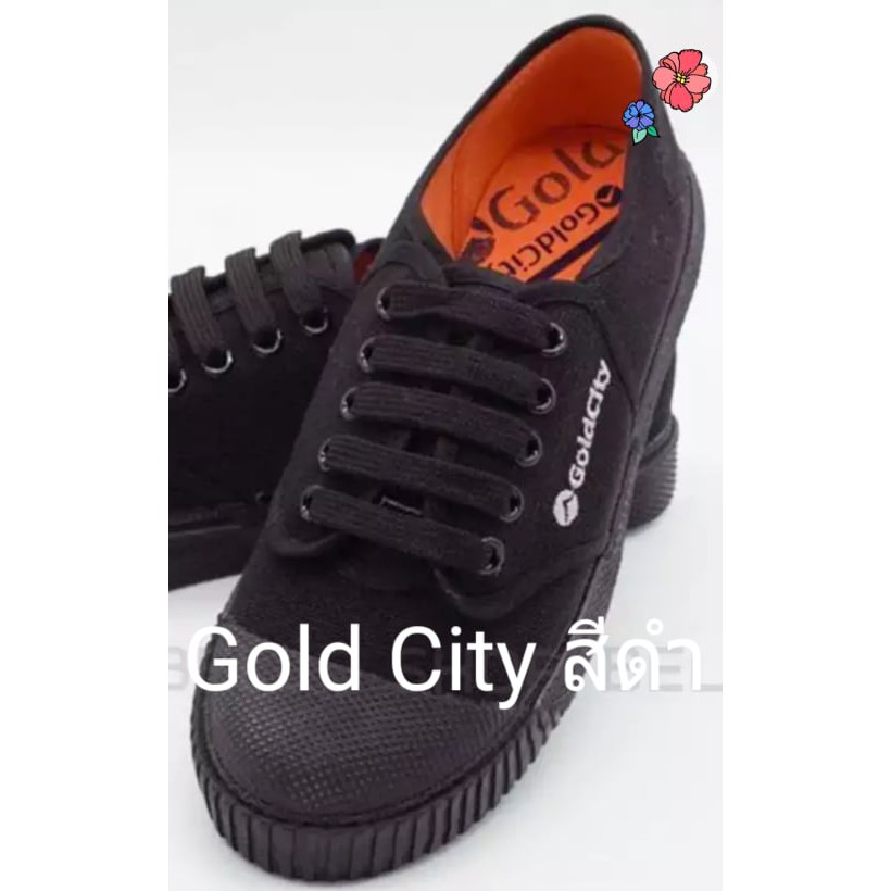 รองเท้านักเรียนผ้าใบสีดำ-gold-city-โกลซิตื้-205-sของแท้พื้นเขียว100