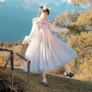 ชุดฮั่นฝูประยุกต์ คอลเลคชั่น Alices dream : Feng Zhu Hanfu โทนสีชมพูฟ้า ปักลาย เดรส กระโปรง สายเดี่ยว เสื้อ โลลิต้า
