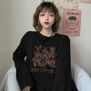 [Spot] summer Korean style ins super popular loose all-match round neck black bear printed online red long sleeve T-shir