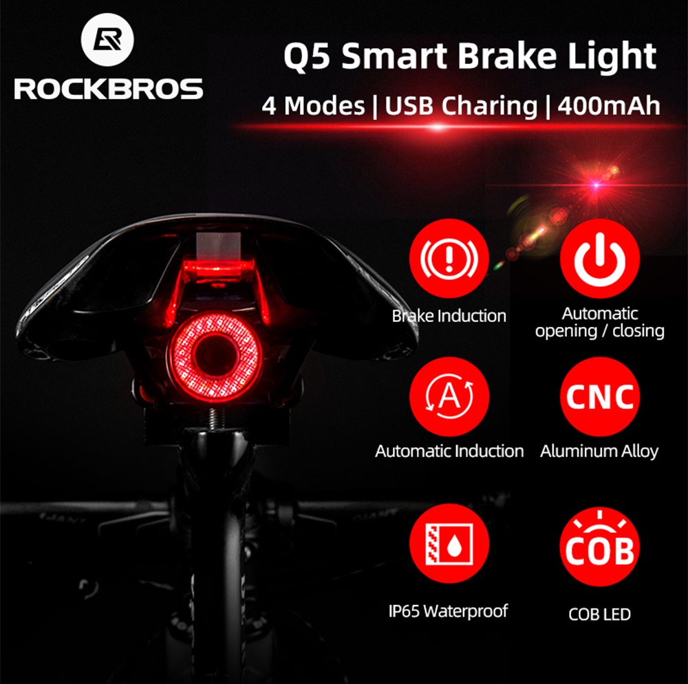 มุมมองเพิ่มเติมของสินค้า ROCKBROS จักรยานไฟท้ายกันน้ำจักรยานเสือภูเขา LED ไฟท้ายอัตโนมัติสมาร์ทเบรคกลับขี่จักรยานอุปกรณ์เสริม