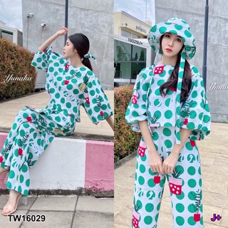 TW16029 Set 4 ชิ้น เสื้อครอปแขนพอง + กางเกงขายาว ทรงเอวสูง สม็อกยางยืดหลัง + หมวกบัคเกต + ยางมัดผม เนื้อผ้าฝ้ายผสมลินิน