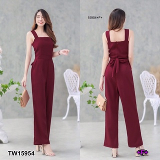 TW15954 Jumpsuit จั้มสูทสายเดี่ยว ขายาว ผ้าซาร่าสีพื้น แขนกุด มีซิปหลัง มีกระเป๋าข้าง มีโบว์ผูกเอาปรับได้ (ไม่มีสม๊อค)