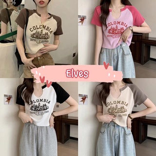 Elves✨พร้อมส่ง✨ เสื้อครอปไหมพรม คอวีเว้าน่ารัก ใส่สบายเกาหลีๆน่ารัก ~56333~ -C