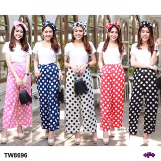 TW8696 Set 2 ชิ้น เสื้อครอปแขนสั้น+กางเกงเอวสูงขายาว ลายจุดใหญ่+สายผูกผม ลายจุดเข้าเซท (ฟรีไซร้) +++สอบถามสินค้าก่อนสั่ง