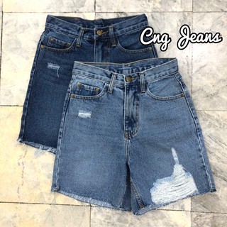 S-42 CNG jeans กางเกงยีนส์ขาสั้นเอวสูงสามส่วน ผ้าไม่ยืดแต่งขาด ฟอกสีสวยมาก ยาว 16-18 นิ้ว