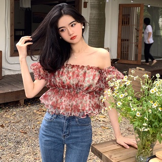 เสื้อแขนสั้น เปิดไหล่ ผ้าชีฟอง ลายดอกไม้ สุดเซ็กซี่ เข้าได้กับทุกชุด สำหรับผู้หญิง