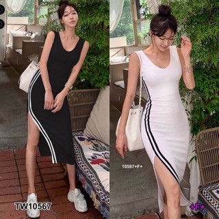 PE10567 Dress เดรสแขนกุด ผ้าคอตตอนสีพื้น แต่งแถบเส้น 2 ข้าง แต่งผ่า ลุคสวยมั่นสุดๆ