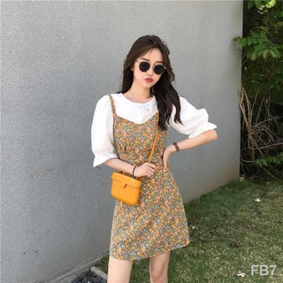 เสื้อครอป เสื้อแขนพัฟ Charm Slim Floral Sling Dress หญิงแฟชั่นฤดูร้อน 2 ชิ้นขนาดเล็กชุดกลิ่นหอม Trend