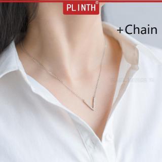 PLINTH สร้อยคอโซ่เงิน 925 จี้รูปตัว V ประดับเพชร สไตล์ญี่ปุ่นและเกาหลี แฟชั่นสำหรับผู้หญิง 967