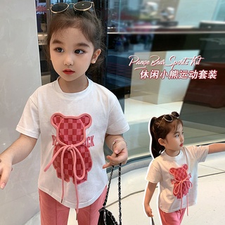 【เสื้อผ้าเด็กผู้หญิง】เสื้อยืดแขนสั้น พิมพ์ลายการ์ตูน และกางเกงบาน แฟชั่นฤดูร้อน สําหรับเด็กผู้หญิง 2023