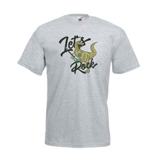 ใหม่ เสื้อยืด พิมพ์ลายกราฟฟิคไดโนเสาร์ Lets Rock Electric Guitar Playing T-Rex คุณภาพดี สําหรับผู้ชาย