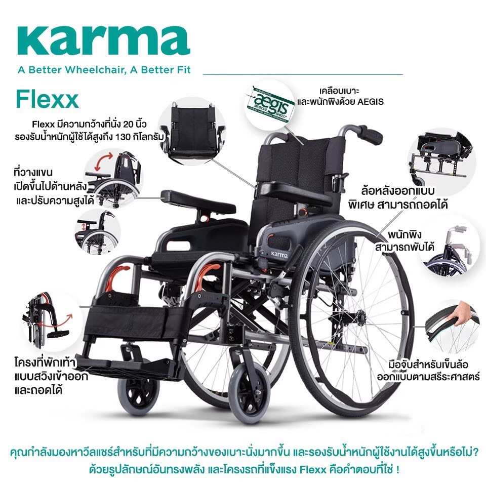 รับประกัน-5-ปี-karma-รถเข็น-อลูมิเนียม-รุ่น-flexx-เบาะกว้างพิเศษ-รับน้ำหนัก-130-kg-aluminum-wheelchair-extra-wide-sea
