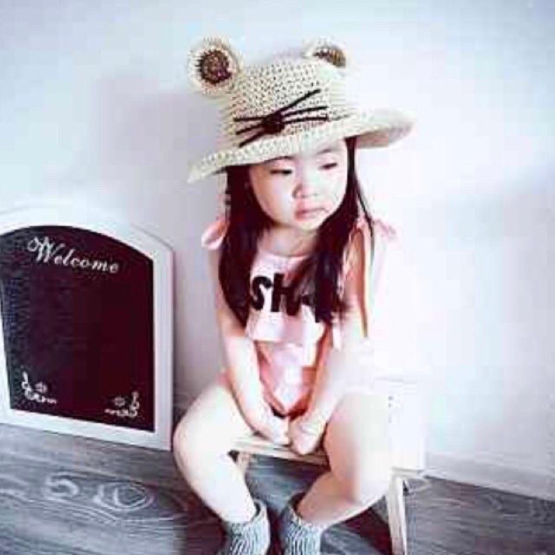 หมวกสานหูสำหรับเด็กผู้หญิง-พร้อมส่งจากไทย