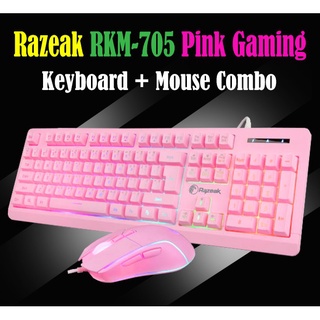 Razeak RKM-705 Keyboard+Mouse Combo ชุดมีไฟเมาส์คู่คีย์บอร์ด สีชมพูทั้งชุด