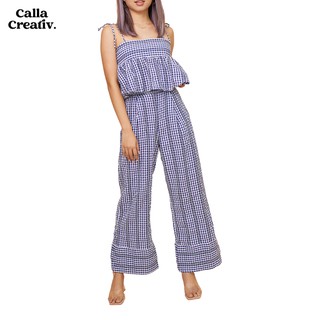 CALLA CREATIV ชุดเซ็ตผ้าซัคเกอร์ เสื้อสายเดี่ยว กางเกงขาบาน สีกรม April Set - Navy