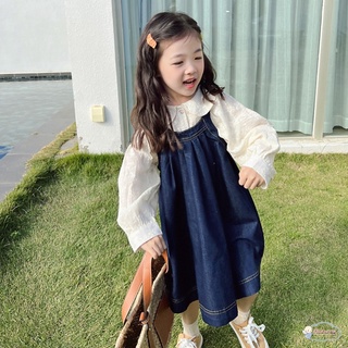 ชุดเสื้อเชิ้ต ผ้ายีน แขนยาว และเสื้อเชิ้ต แต่งลูกไม้ แฟชั่นสไตล์เกาหลี สําหรับเด็กผู้หญิง จํานวน 2 ชิ้น