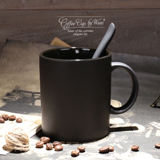 ร้อนแรงWUNIยุโรปสร้างสรรค์เคลือบสีดำความจุขนาดใหญ่มาร์คถ้วยเคลือบที่เรียบง่ายกาแฟด้วยช้อนถ้วยเซรามิก