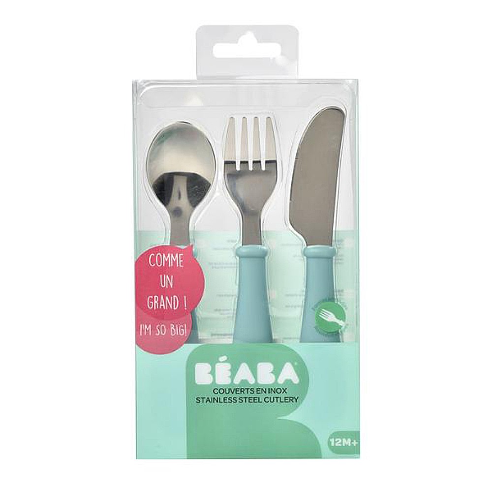 beaba-ชุดช้อนส้อมและมีด-stainless-steel-training-cutlery-knife-fork-spoon-light-blue