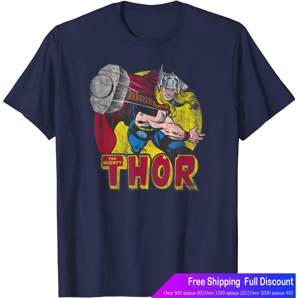 korean-เสือยืดผู้ชาย-เสื้อบอดี้โ-marvel-mighty-thor-hammer-throw-vintage-t-shirt-marvel-mens