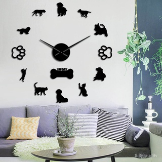 3D DIY นาฬิกาแขวนสร้างสรรค์แมวและสุนัขตกแต่งนาฬิกากระจกอะคริลิคบ้านห้องนั่งเล่นนาฬิกาแขวน