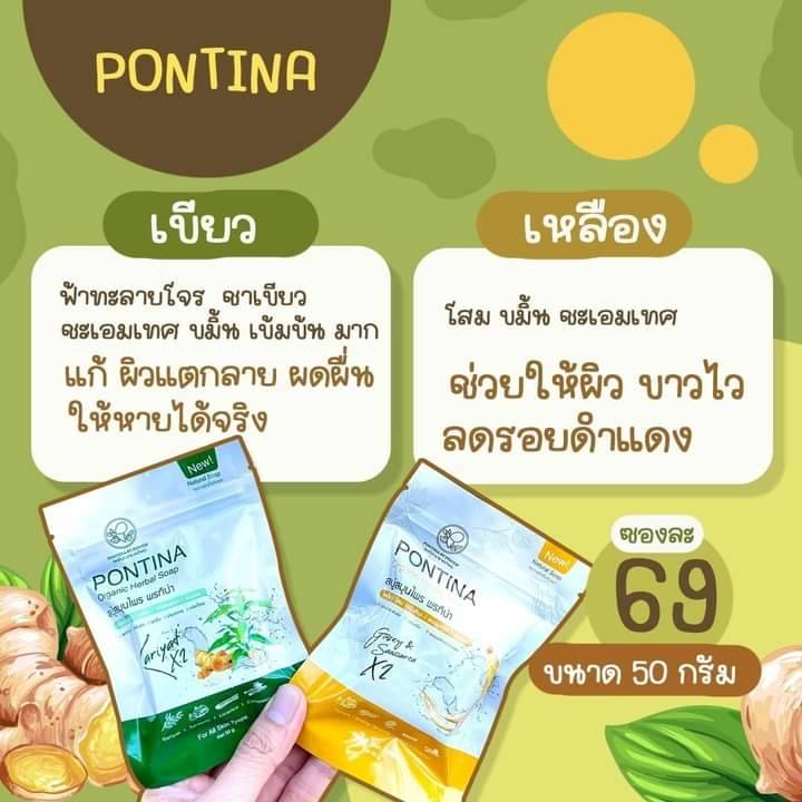 pontina-สบู่สมุนไพร-สูตรผสมสมุนไพรธรรมชาติ-หลากหลายชนิด-ขมิ้น-อบเชย-ชเอมเทศ-บัวหิมะ