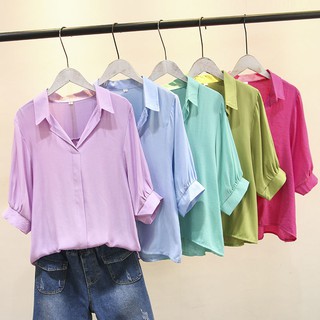 ♞♂◑เสื้อเชิ้ตทรงหลวมสีขาวสำหรับผู้หญิงไซส์ใหญ่สไตล์เกาหลีสำหรับฤดูร้อนปี 2020 ใหม่เสื้อแขนค้างคาวคอวีป้องกันความเสี่ยง