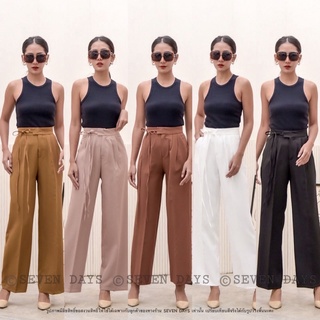 กางเกงเอวสูง ทรงกระบอกปล่อยๆ ใส่สบายมาก เนื้อผ้างามมาก ทิ้งตัวมีน้ำหนัก มีความยืดหยุ่นเล็กน้อย แต่งตะขอพร้อมเชือกผูกเอว
