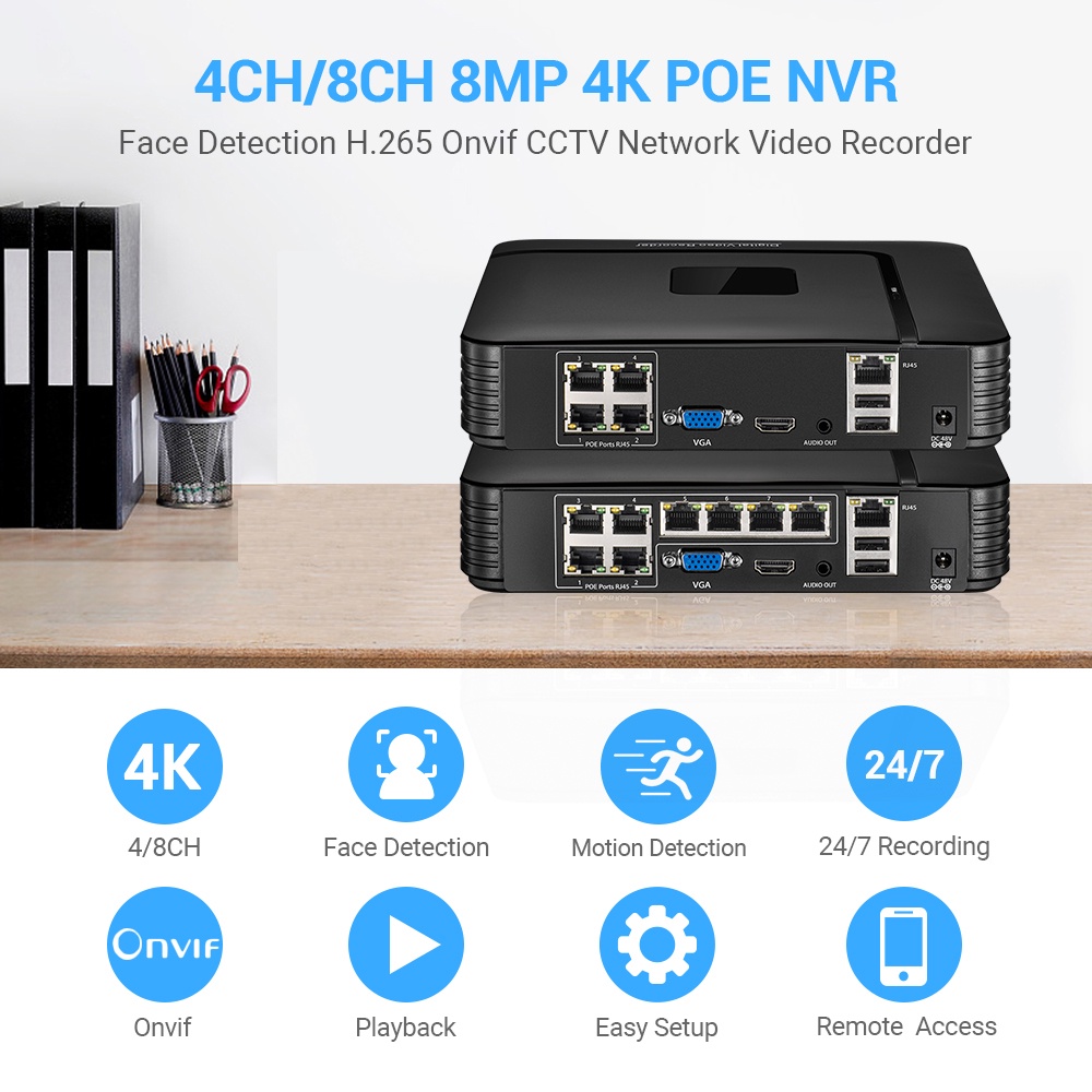 Hamrol 4CH/8CH 8MP 4K POE 48V NVR AI Face Detect For H.265/H.264 POE IP ...