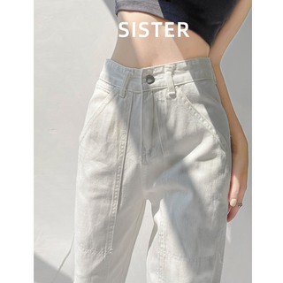 🍒XS-2XLกางเกงยีนส์ทรงตรงเอวสูงสีขาวหญิงพลัสไซส์ทรงหลวมบางสไตล์เกาหลีกางเกงขากว้าง ins